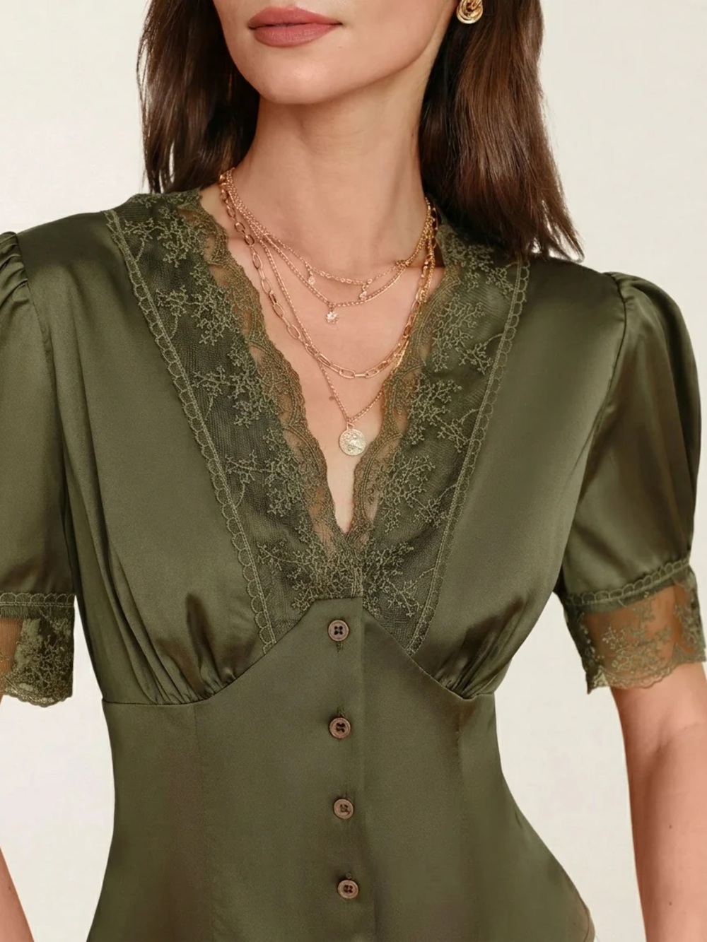 Rihoas Green V Neck Puffed Sleeve Lace Blouse - Picture 2 of 6